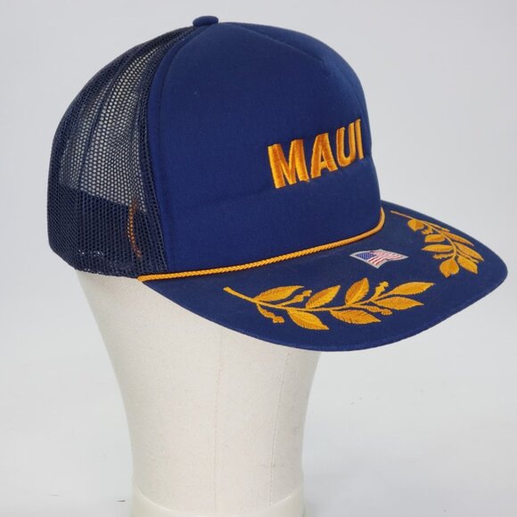 Vintage 80s 90s MAUI Trucker Mesh Hat Cap Rope Snapback  Scrambled Hawaiian Blue - Picture 2 of 8